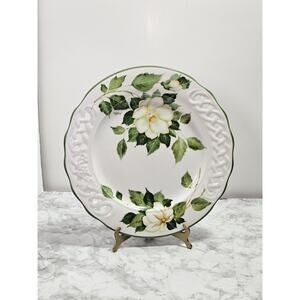 Vtg Italy Brunelli Tiffany Dinner Plate White Magnolia Floral Lattice Gardenia